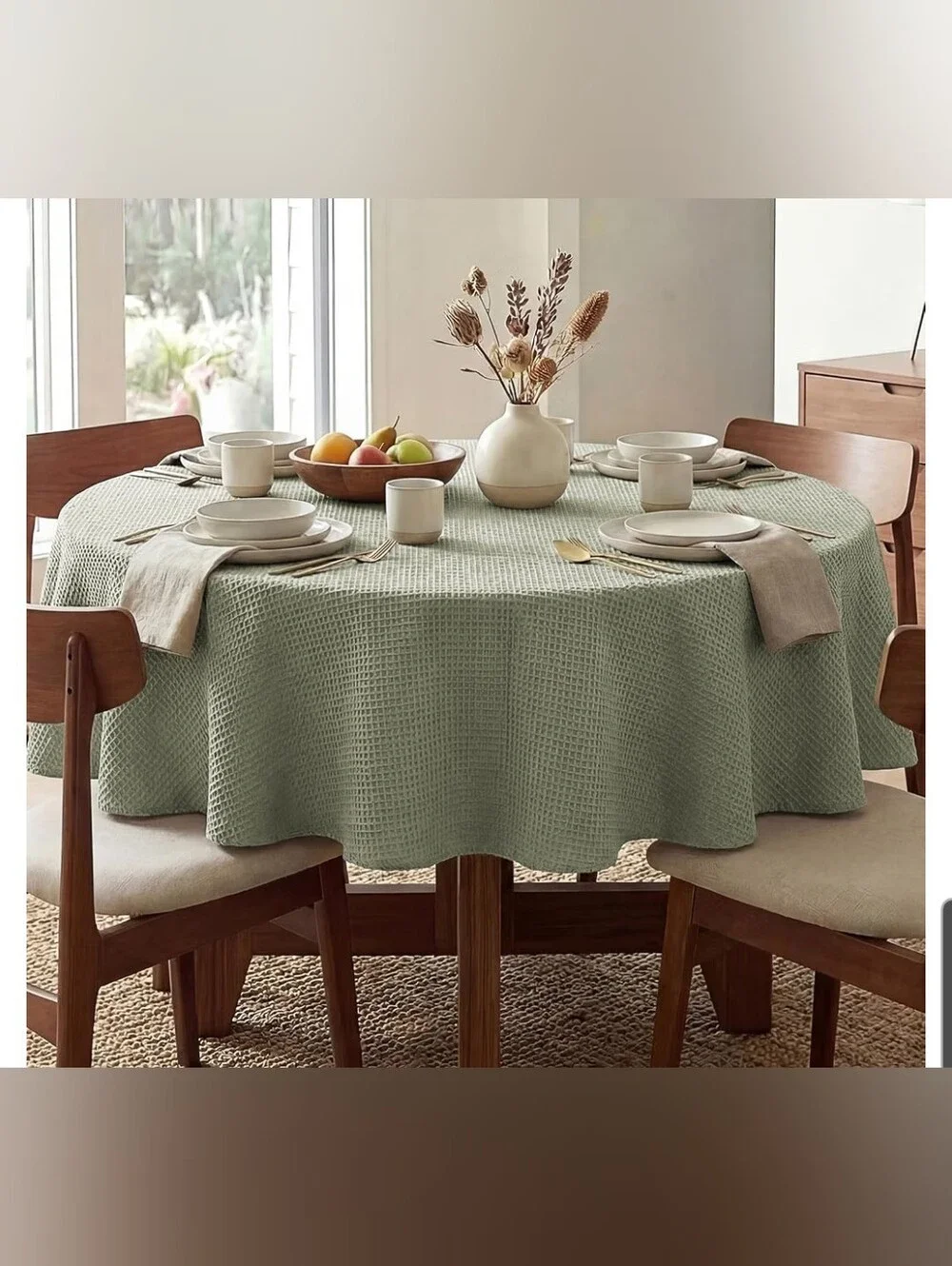 Waffle-Texture 70 Inch Round Tablecloth in Sage Green